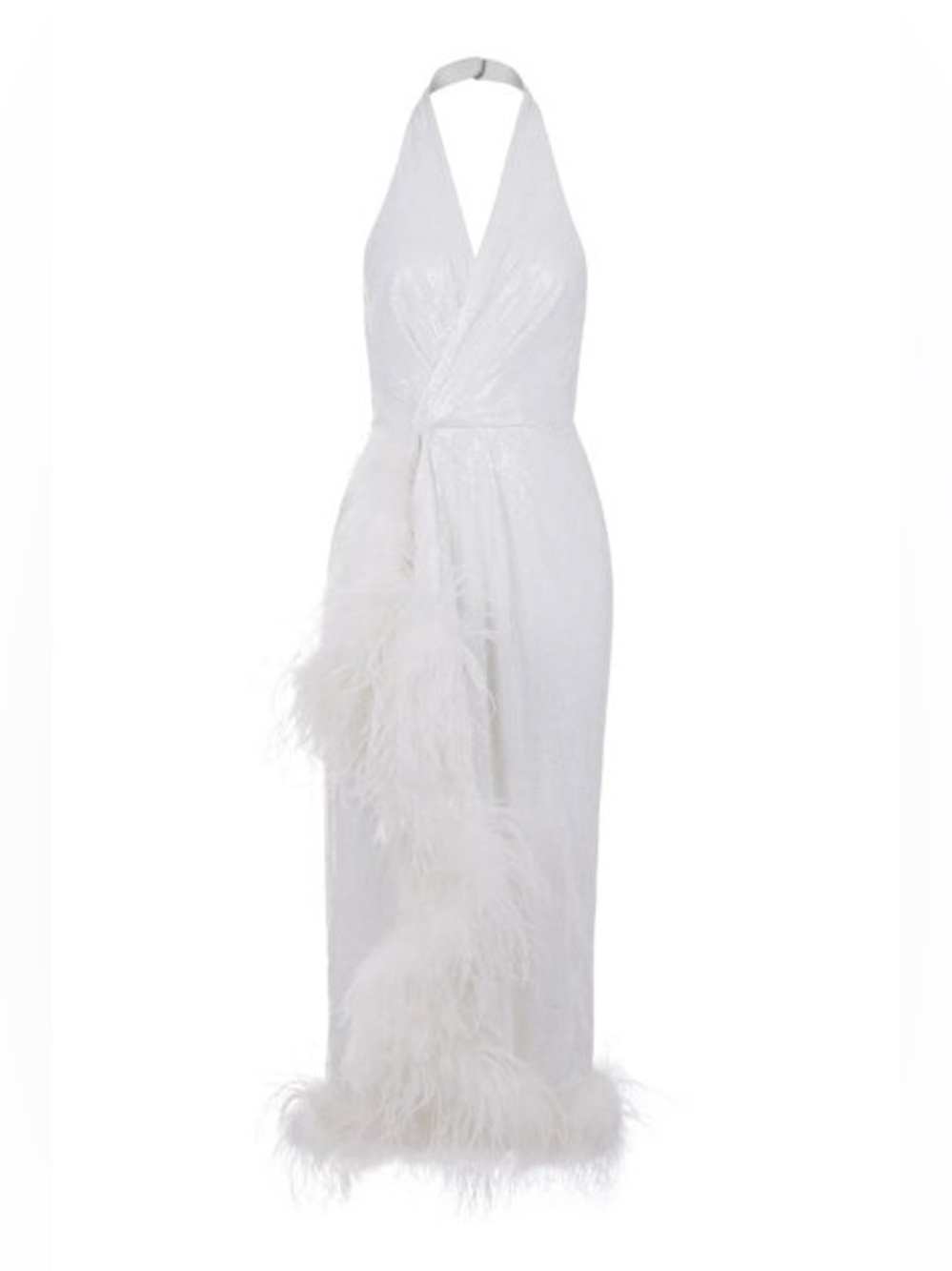 Nocturne Sequin Feather Halter Midi Dress Ecru Ivory White Size 42 N23YN2235